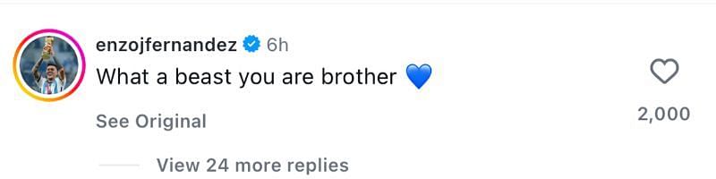 Enzo Fernandez's comment on Marc Cucurella's post